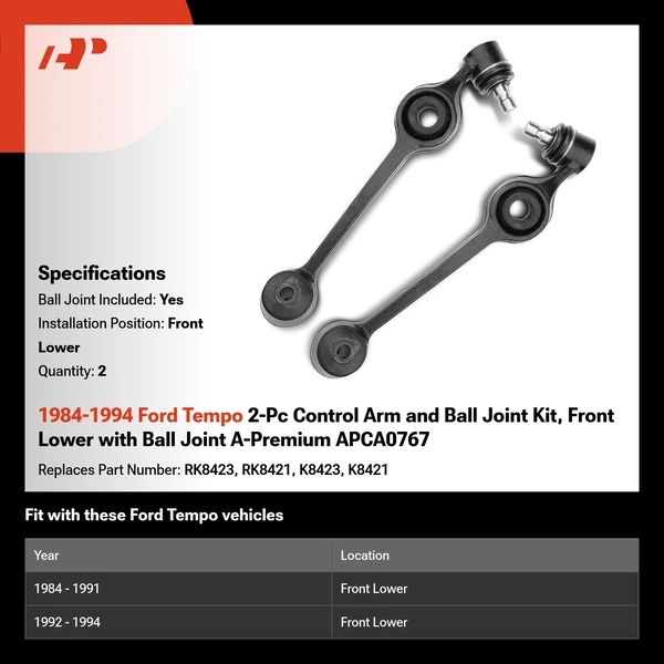 1984-1994 Ford Tempo 2-Pc Control Arm and Ball Joint Kit, Front Lower with Ball Joint A-Premium APCA0767
