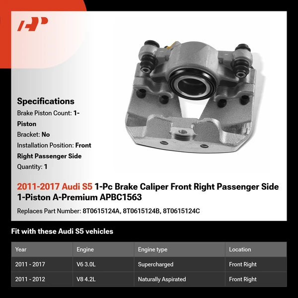 2011-2017 Audi S5 1-Pc Brake Caliper Front Right Passenger Side 1-Piston A-Premium APBC1563