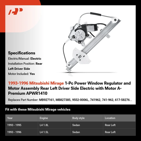 1993-1996 Mitsubishi Mirage 1-Pc Power Window Regulator and Motor Assembly Rear Left Driver Side Electric with Motor A-Premium APWR1410