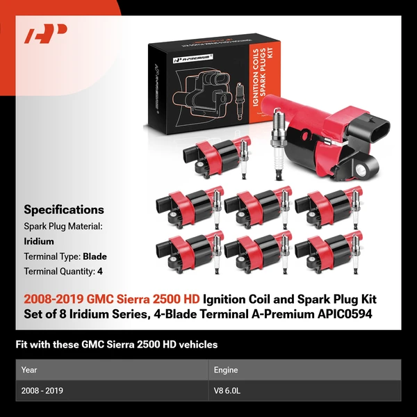 2008-2019 GMC Sierra 2500 HD Ignition Coil and Spark Plug Kit Set of 8 Iridium Series, 4-Blade Terminal A-Premium APIC0594