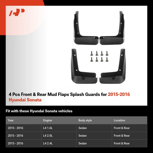 4 Pcs Front & Rear Mud Flaps Splash Guards for 2015-2016 Hyundai Sonata