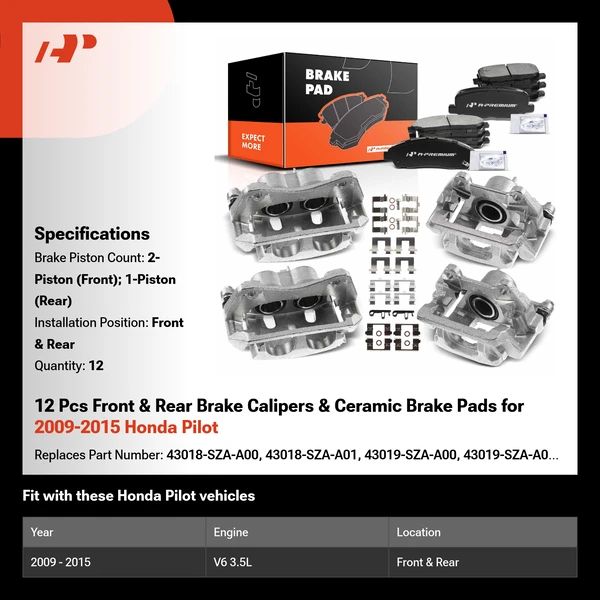 12 Pcs Front & Rear Brake Calipers & Ceramic Brake Pads for 2009-2015 Honda Pilot