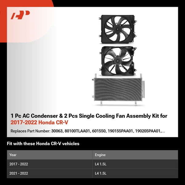 1 Pc AC Condenser & 2 Pcs Single Cooling Fan Assembly Kit for 2017-2022 Honda CR-V