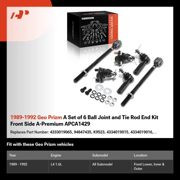 1989-1992 Geo Prizm A Set of 6 Ball Joint and Tie Rod End Kit Front Side A-Premium APCA1429