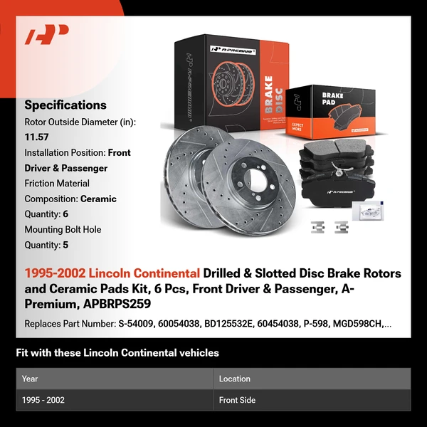 1995-2002 Lincoln Continental Drilled & Slotted Disc Brake Rotors and Ceramic Pads Kit, 6 Pcs, Front Driver & Passenger, A-Premium, APBRPS259