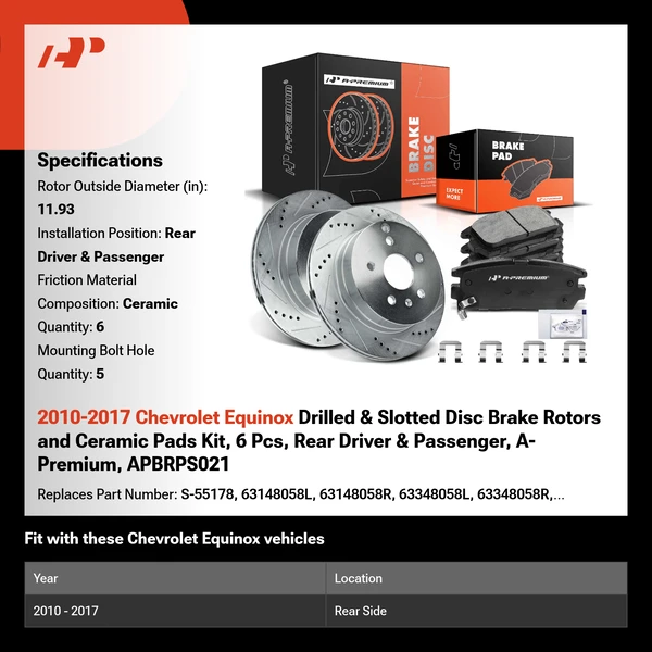 2010-2017 Chevrolet Equinox Drilled & Slotted Disc Brake Rotors and Ceramic Pads Kit, 6 Pcs, Rear Driver & Passenger, A-Premium, APBRPS021