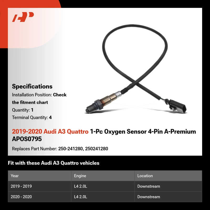 2019-2020 Audi A3 Quattro 1-Pc Oxygen Sensor 4-Pin A-Premium APOS0795
