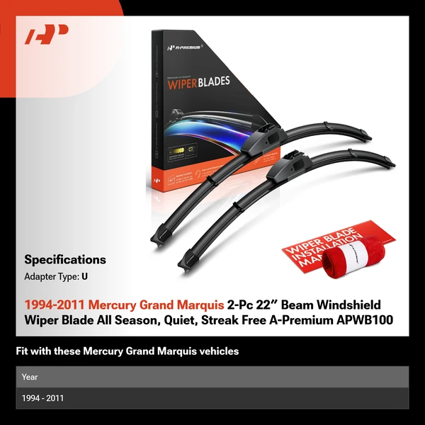 1994-2011 Mercury Grand Marquis 2-Pc 22″ Beam Windshield Wiper Blade All Season, Quiet, Streak Free A-Premium APWB100