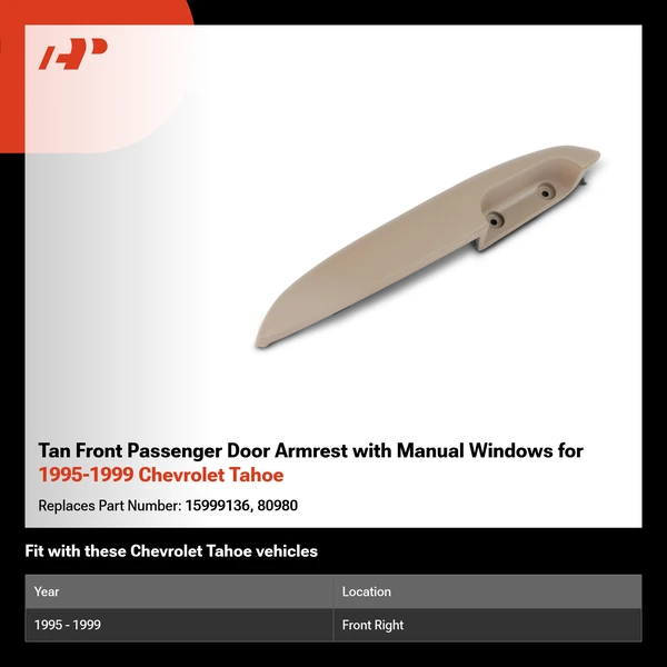 Tan Front Passenger Door Armrest with Manual Windows for 1995-1999 Chevrolet Tahoe