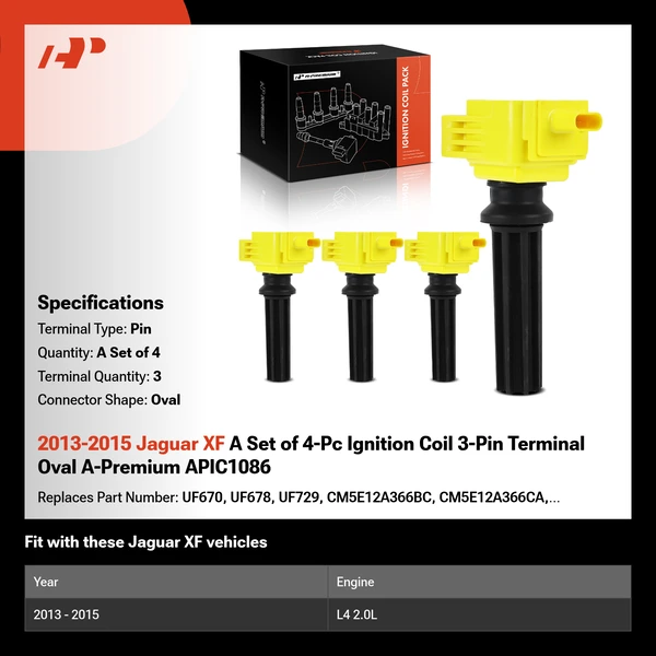 2013-2015 Jaguar XF A Set of 4-Pc Ignition Coil 3-Pin Terminal Oval A-Premium APIC1086