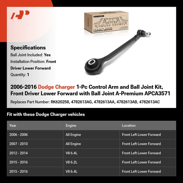 2006-2016 Dodge Charger 1-Pc Control Arm and Ball Joint Kit, Front Driver Lower Forward with Ball Joint A-Premium APCA3571