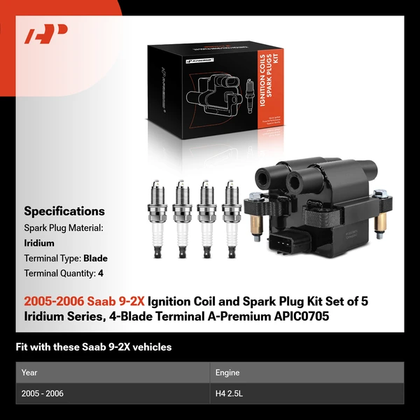 2005-2006 Saab 9-2X Ignition Coil and Spark Plug Kit Set of 5 Iridium Series, 4-Blade Terminal A-Premium APIC0705