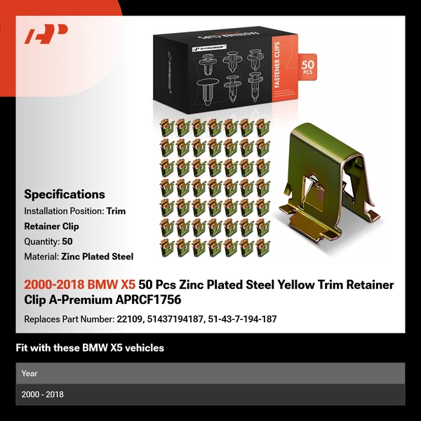 2000-2018 BMW X5 50 Pcs Zinc Plated Steel Yellow Trim Retainer Clip A-Premium APRCF1756