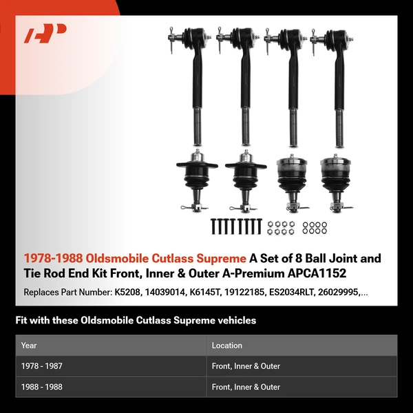 1978-1988 Oldsmobile Cutlass Supreme A Set of 8 Ball Joint and Tie Rod End Kit Front, Inner & Outer A-Premium APCA1152