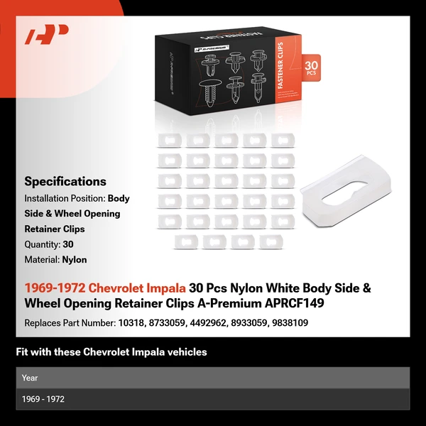 1969-1972 Chevrolet Impala 30 Pcs Nylon White Body Side & Wheel Opening Retainer Clips A-Premium APRCF149
