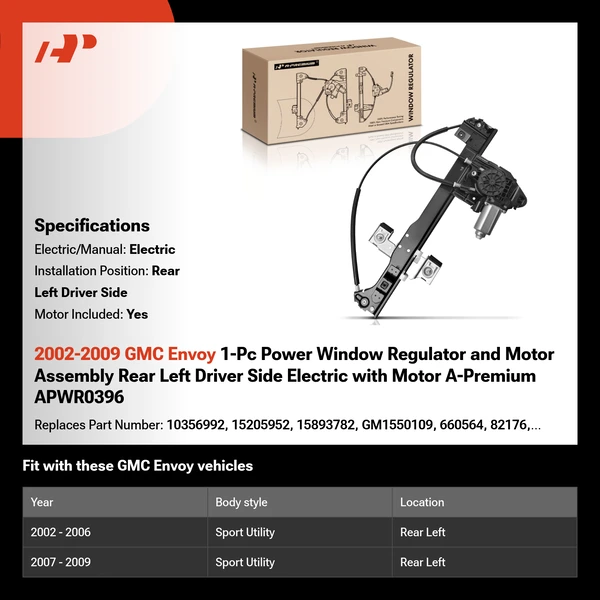 2002-2009 GMC Envoy 1-Pc Power Window Regulator and Motor Assembly Rear Left Driver Side Electric with Motor A-Premium APWR0396