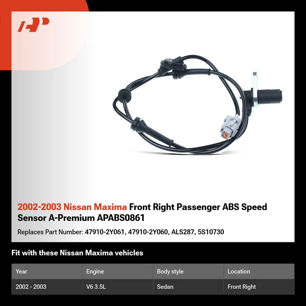 2002-2003 Nissan Maxima Front Right Passenger ABS Speed Sensor A-Premium APABS0861