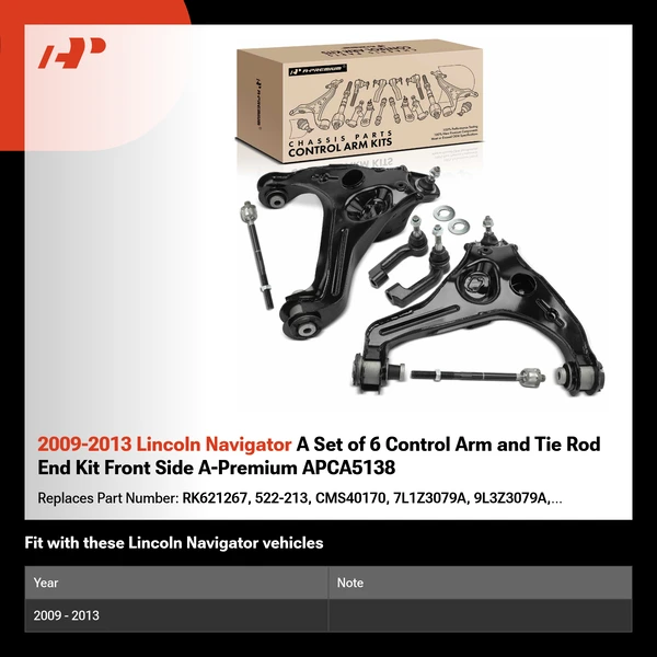 2009-2013 Lincoln Navigator A Set of 6 Control Arm and Tie Rod End Kit Front Side A-Premium APCA5138