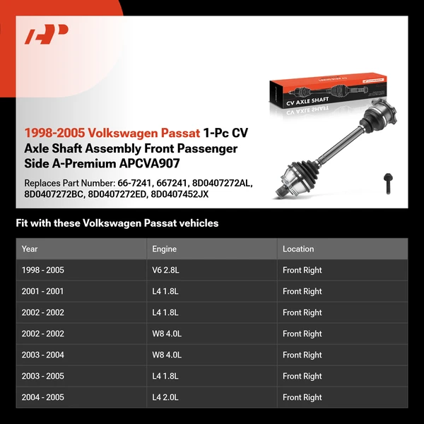 1998-2005 Volkswagen Passat 1-Pc CV Axle Shaft Assembly Front Passenger Side A-Premium APCVA907