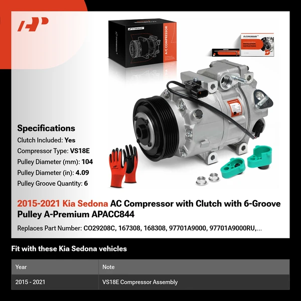 2015-2021 Kia Sedona AC Compressor with Clutch with 6-Groove Pulley A-Premium APACC844