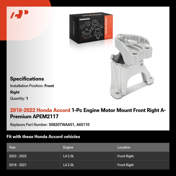 2018-2022 Honda Accord 1-Pc Engine Motor Mount Front Right A-Premium APEM2117