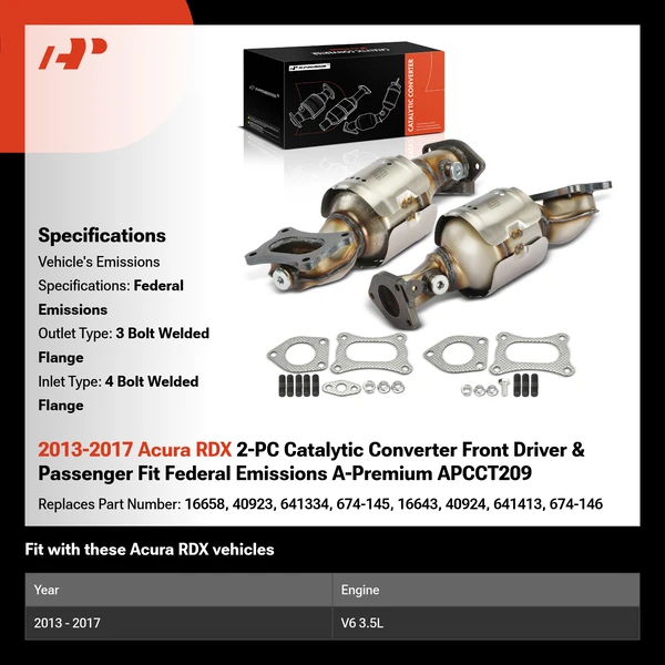 2013-2017 Acura RDX 2-PC Catalytic Converter Front Driver & Passenger Fit Federal Emissions A-Premium APCCT209