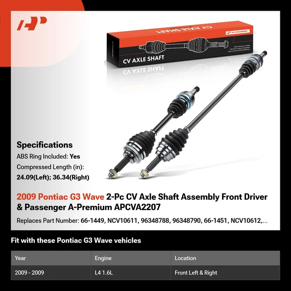 2009 Pontiac G3 Wave 2-Pc CV Axle Shaft Assembly Front Driver & Passenger A-Premium APCVA2207