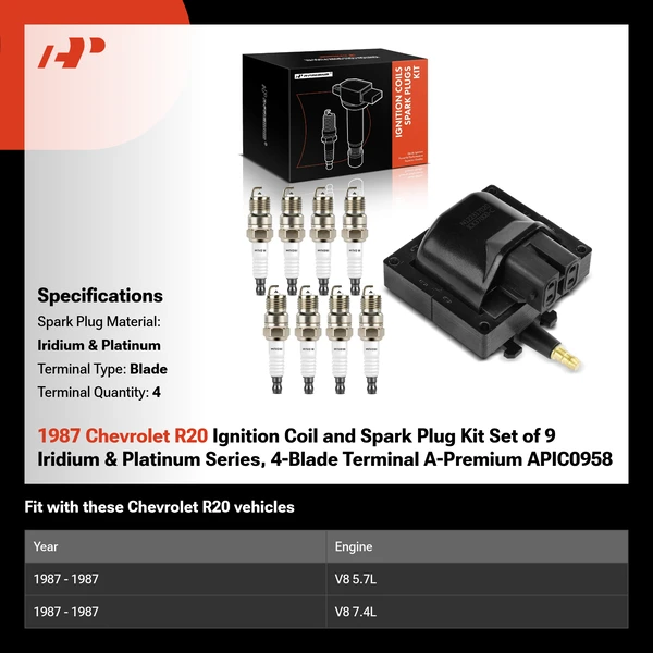 1987 Chevrolet R20 Ignition Coil and Spark Plug Kit Set of 9 Iridium & Platinum Series, 4-Blade Terminal A-Premium APIC0958