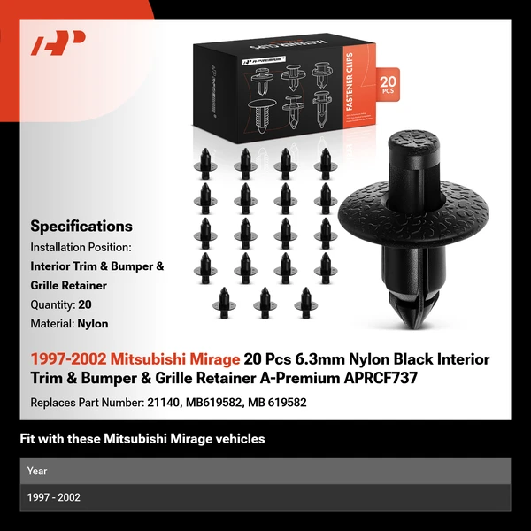 1997-2002 Mitsubishi Mirage 20 Pcs 6.3mm Nylon Black Interior Trim & Bumper & Grille Retainer A-Premium APRCF737