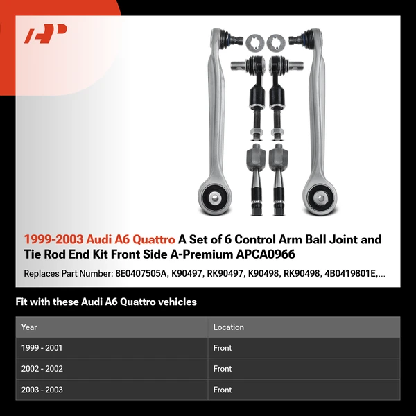 1999-2003 Audi A6 Quattro A Set of 6 Control Arm Ball Joint and Tie Rod End Kit Front Side A-Premium APCA0966