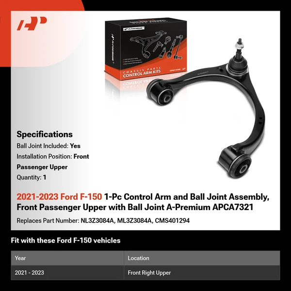 2021-2023 Ford F-150 1-Pc Control Arm and Ball Joint Assembly, Front Passenger Upper with Ball Joint A-Premium APCA7321