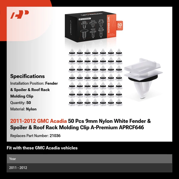 2011-2012 GMC Acadia 50 Pcs 9mm Nylon White Fender & Spoiler & Roof Rack Molding Clip A-Premium APRCF646