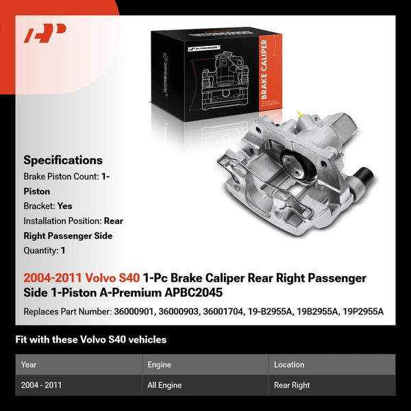 2004-2011 Volvo S40 1-Pc Brake Caliper Rear Right Passenger Side 1-Piston A-Premium APBC2045