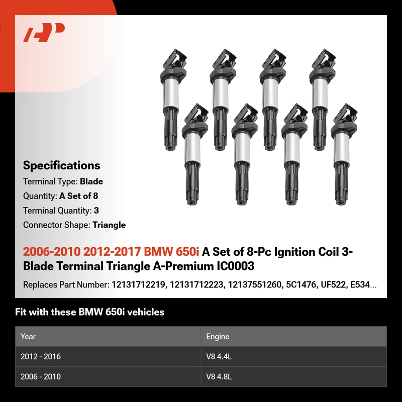 2006-2010 2012-2017 BMW 650i A Set of 8-Pc Ignition Coil 3-Blade Terminal Triangle A-Premium IC0003