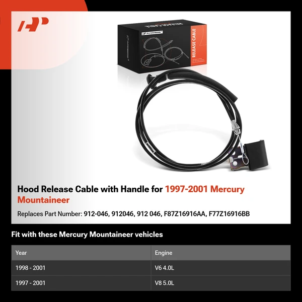 Hood Release Cable with Handle for 1997-2001 Mercury Mountaineer