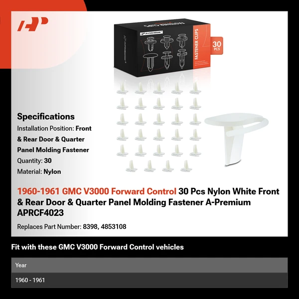 1960-1961 GMC V3000 Forward Control 30 Pcs Nylon White Front & Rear Door & Quarter Panel Molding Fastener A-Premium APRCF4023