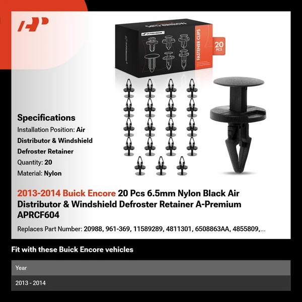 2013-2014 Buick Encore 20 Pcs 6.5mm Nylon Black Air Distributor & Windshield Defroster Retainer A-Premium APRCF604