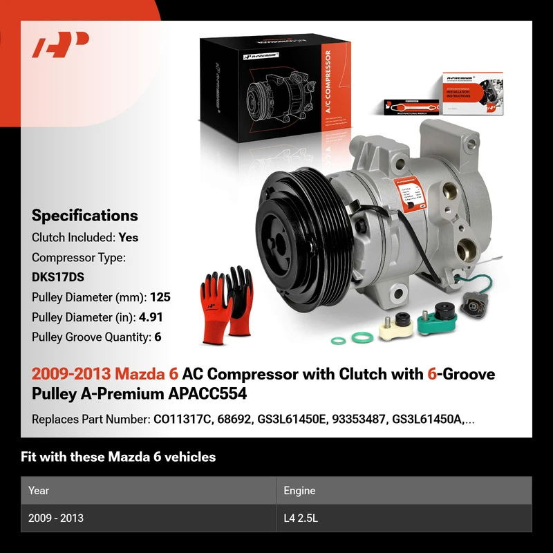 2009-2013 Mazda 6 AC Compressor with Clutch with 6-Groove Pulley A-Premium APACC554