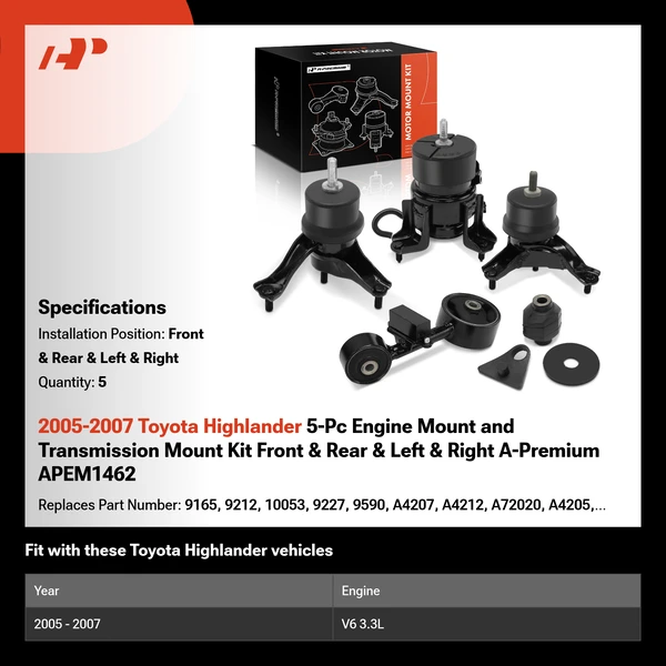 2005-2007 Toyota Highlander 5-Pc Engine Mount and Transmission Mount Kit Front & Rear & Left & Right A-Premium APEM1462