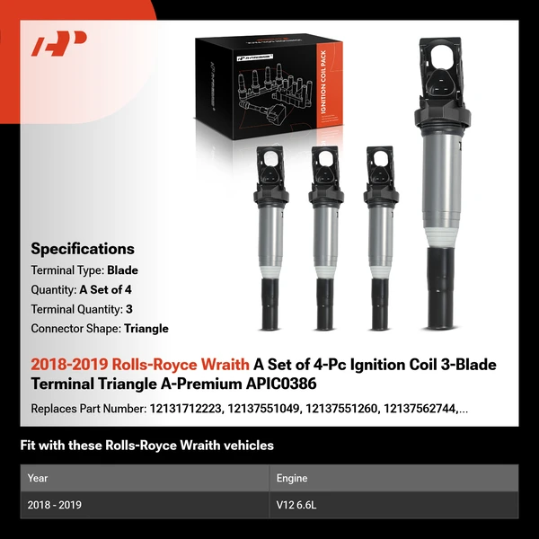 2018-2019 Rolls-Royce Wraith A Set of 4-Pc Ignition Coil 3-Blade Terminal Triangle A-Premium APIC0386