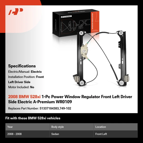 2008 BMW 528xi 1-Pc Power Window Regulator Front Left Driver Side Electric A-Premium WR0109