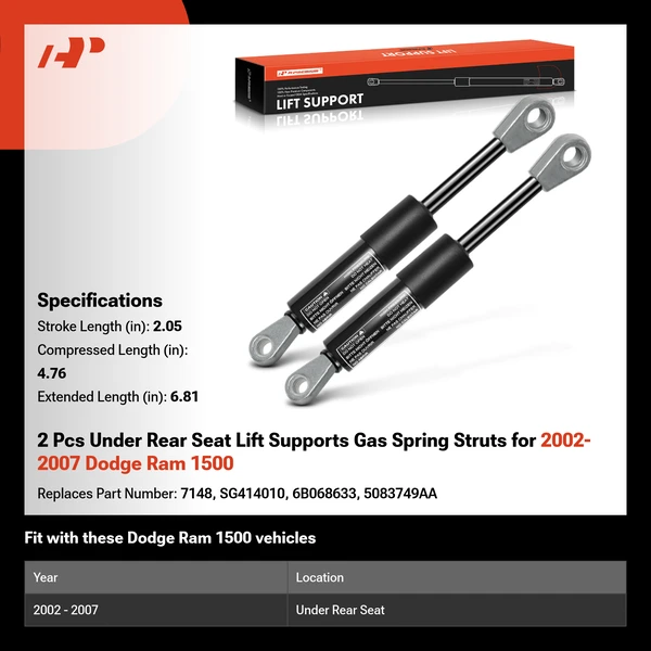 2 Pcs Under Rear Seat Lift Supports Gas Spring Struts for 2002-2007 Dodge Ram 1500