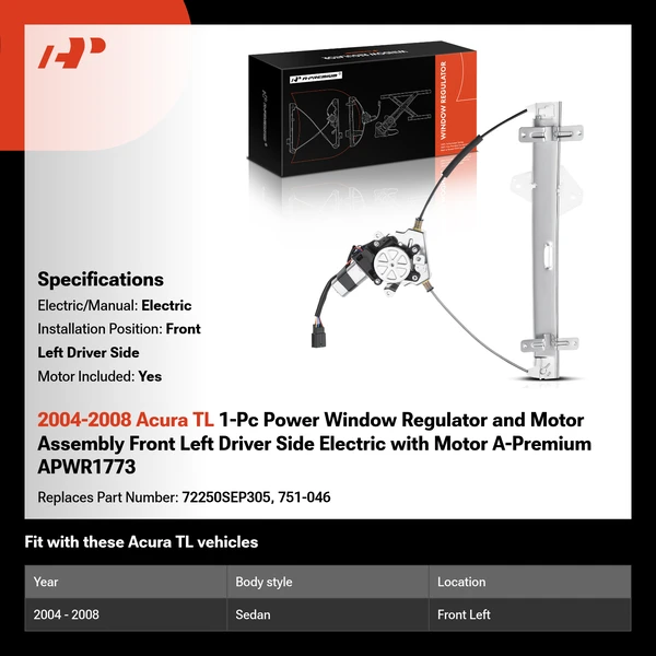 2004-2008 Acura TL 1-Pc Power Window Regulator and Motor Assembly Front Left Driver Side Electric with Motor A-Premium APWR1773