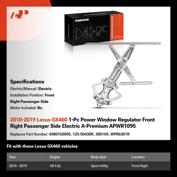 2010-2019 Lexus GX460 1-Pc Power Window Regulator Front Right Passenger Side Electric A-Premium APWR1095