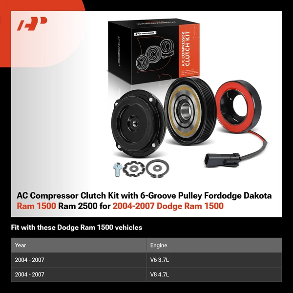AC Compressor Clutch Kit with 6-Groove Pulley Fordodge Dakota Ram 1500 Ram 2500 for 2004-2007 Dodge Ram 1500