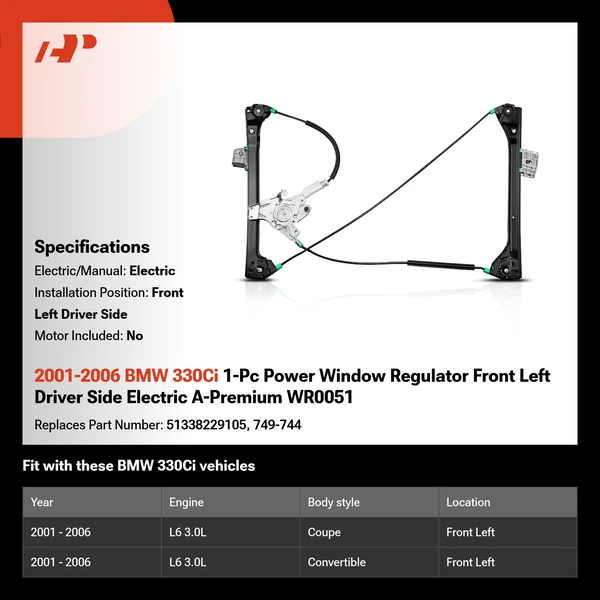2001-2006 BMW 330Ci 1-Pc Power Window Regulator Front Left Driver Side Electric A-Premium WR0051