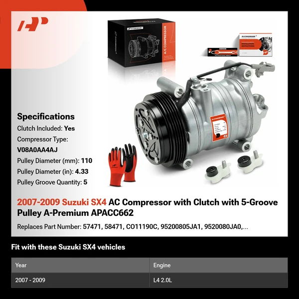 2007-2009 Suzuki SX4 AC Compressor with Clutch with 5-Groove Pulley A-Premium APACC662