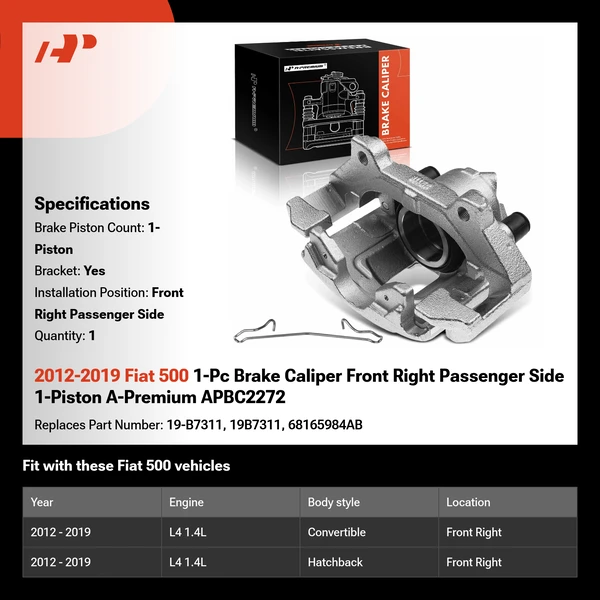 2012-2019 Fiat 500 1-Pc Brake Caliper Front Right Passenger Side 1-Piston A-Premium APBC2272