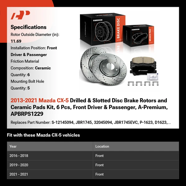 2013-2021 Mazda CX-5 Drilled & Slotted Disc Brake Rotors and Ceramic Pads Kit, 6 Pcs, Front Driver & Passenger, A-Premium, APBRPS1229