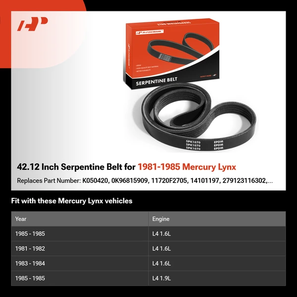 42.12 Inch Serpentine Belt for 1981-1985 Mercury Lynx